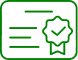 Icône de certificat vert avec lignes de texte et un sceau d'approbation coché, symbolisant la validation et la qualité.