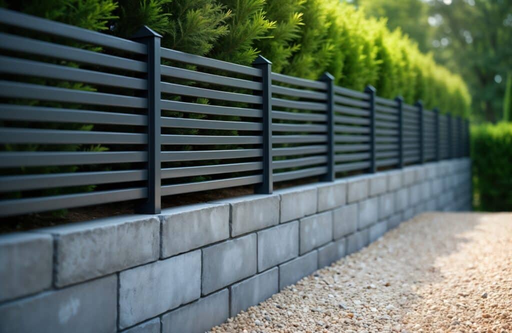 Clôture moderne en lattes grises sur un mur de soutènement en blocs de béton, avec haie verte et allée de gravier ensoleillée.