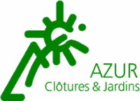 Logo AZUR Clôtures & Jardins vert, stylisé avec un soleil/fleur abstrait. Spécialiste clôtures et aménagement jardin.