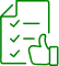 Document avec liste de tâches complètes et cochées, accompagné d'un pouce levé. Représente l'approbation et la validation.