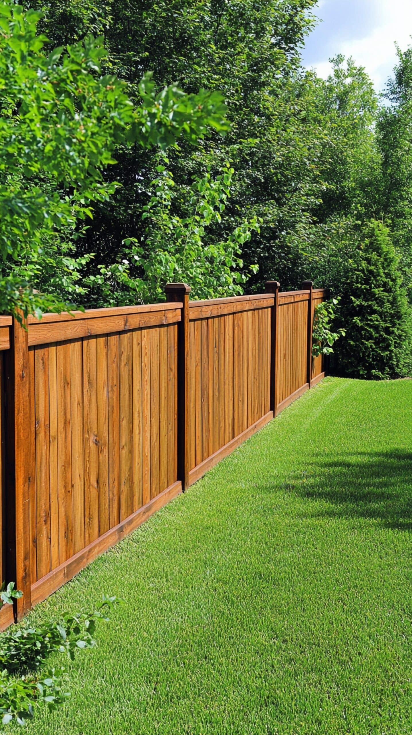 Longue clôture en bois brun délimitant une pelouse verte et luxuriante. Des arbres feuillus et un ciel bleu clair sont visibles en arrière-plan.