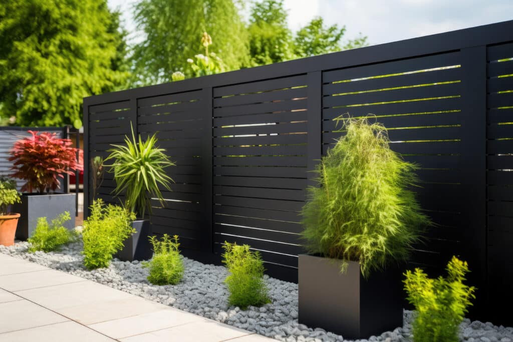 Jardin moderne avec clôture noire à lames, plantes vertes et rouges en pots et pleine terre, gravier décoratif et patio clair.