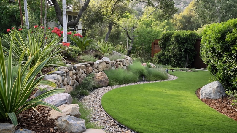 Jardin paysager luxuriant avec pelouse verte courbée, mur en pierre naturelle, plantes variées et chemin de galets.