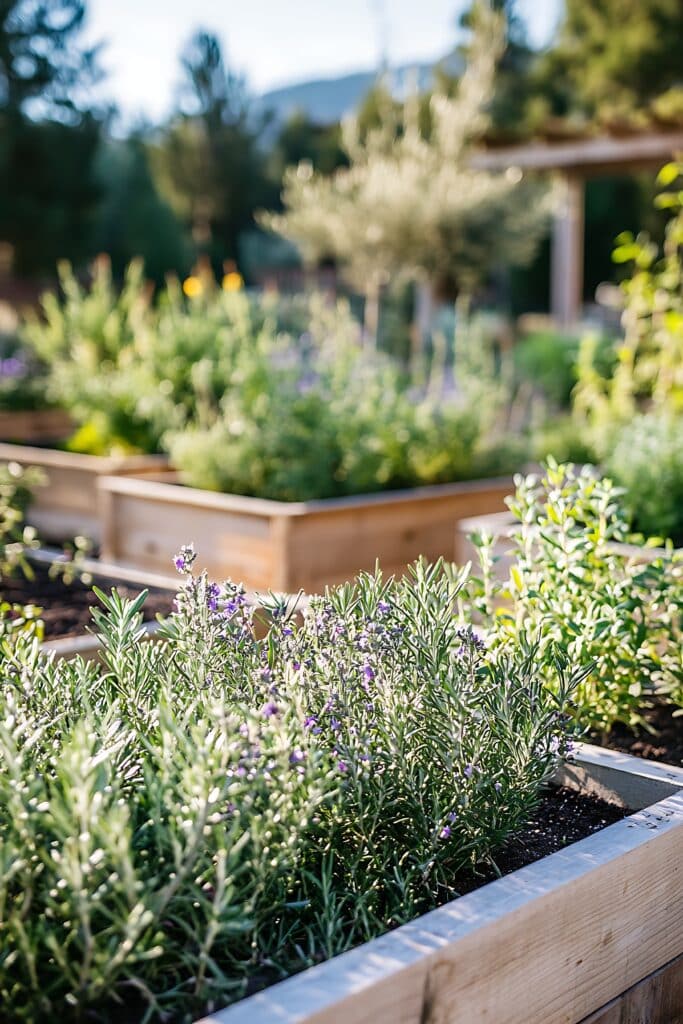 Carrés potagers en bois remplis de plantes vertes et de romarin en fleurs violettes, éclairés par le soleil.